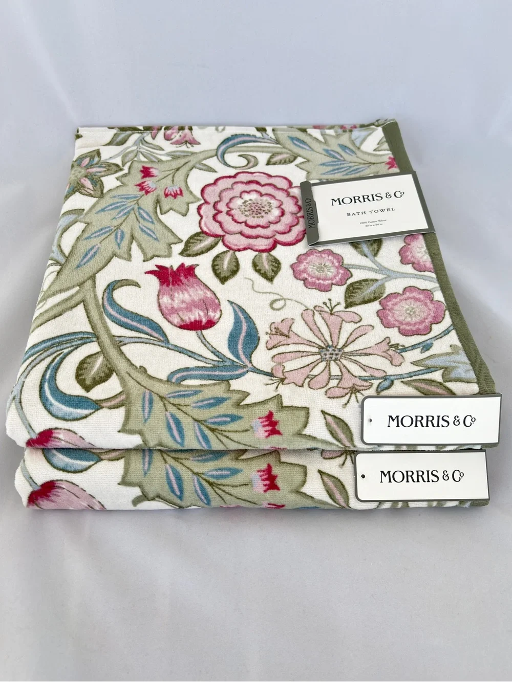 NWT Morris & Co Botanical Cotton Velour Bath Towels Set of 2 Pink Green Floral